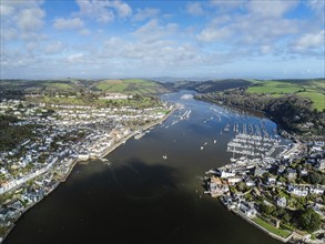 Dartmouth and Kingswear over River Dart from a drone, Devon, England, United Kingdom, Europe