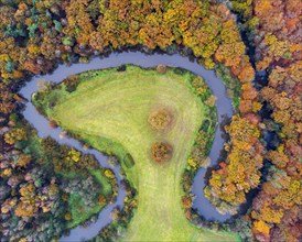 Aerial view of the Hunte in autumn, Meander, Hunte loop, Hunte, river, tree, forest, autumn