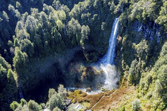 Aerial view of waterfall Salto El Leon, valley of waterfalls east of Pucon, Chile, South America