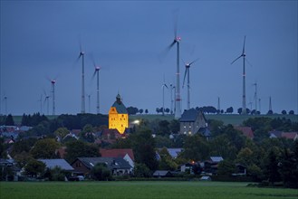 Wind farm above the village of Lichtenau, self-proclaimed energy town, houses with photovoltaic