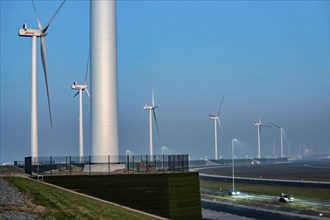 Lorry on the road from Euromax Terminal Rotterdam, ENECO wind farm on the dike around the port of