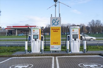 Motorway filling station, electric charging station, Power Charger, Shell Recharge, on the A76,