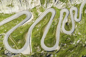 Historical road Tremola, mountain pass Sasso San Gotthardo, aerial view, Switzerland, Europe