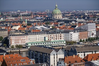 Panorama view over the city centre of Copenhagen, dome of the Protestant Frederiks Kirke, in front