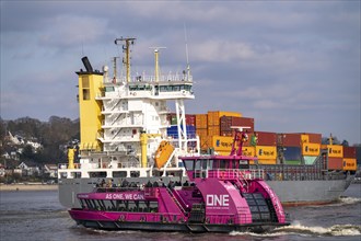 Hadag harbour ferry on the Elbe, container ship, feeder ship, height Övelgönne, Hamburg, Germany,