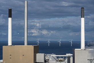 Wind turbines, offshore wind farm east of Copenhagen, in the Øresund, Amager power station is a