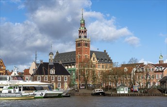 Skyline of the old town, on the Leda, town hall, museum harbour, old town houses, Leer, East