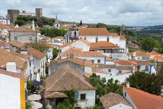 Overview of historic town with red roofs, surrounded by old castle wall, summer landscape, view