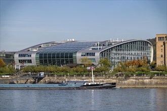 The Kameha Grand Hotel in Bonn, directly on the Rhine, Bonn-Beuel, cargo ship, North