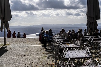 View from the Drachenfels plateau, on the Rhine to the south, tourists, the Drachenfels is a