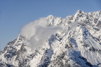 Watzmann summit, Watzmann ridge with snow and wispy clouds, from Jenner, Berchtesgaden National