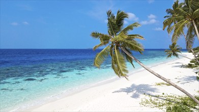 View of beach with turquoise blue water in shallow lagoon of Maldives island Filaidhoo in Indian