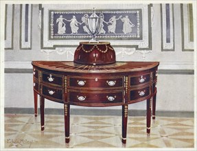 Furniture from the turn of the century 1900, Semi-circular mahogany sideboard and knife-box. Inlaid