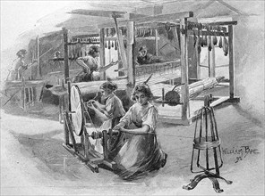 The weaving of reed mats in the Havel region, Germany, in 1880, historical, digital reproduction of