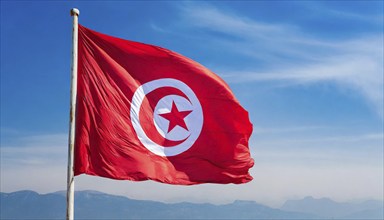 Flags, the national flag of Tunisia flutters in the wind