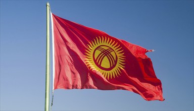 The flag of Kyrgyzstan, Kyrgyzstan, flutters in the wind, isolated against a blue sky, Asia