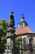 Regiomontanus Fountain on the market square and late Gothic, Evangelical-Lutheran St Mary's Church,