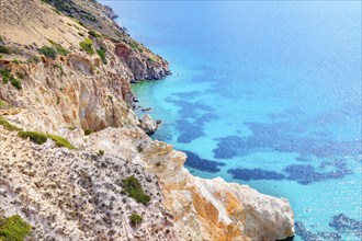 Multicoloured rock formations, Firopotamos, Milos Island, Cyclades Islands, Greece, Europe