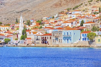 View of Emporio harbour, Halki Island, Dodecanese Islands, Greece, Europe