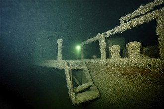 Underwater image of a partly decayed shipwreck covered with mussels, quagga triangle mussel