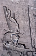 Detail from relief painting, head, Horus Temple, Edfu, Nile Valley, Egypt, September 1989, vintage,