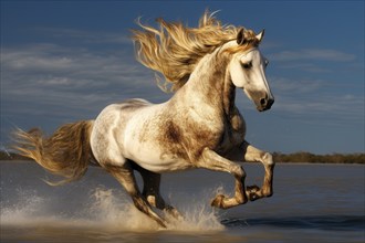 White horse with a flamboyant mane galloping in water, AI generated