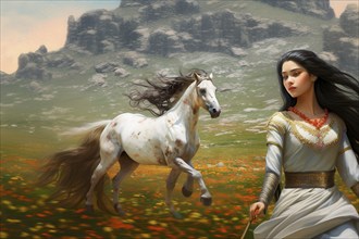 Beautiful young Mongolian woman with black hair floating in the wind standing in front of a horse