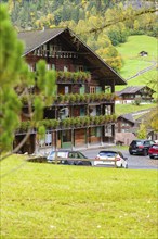 Wooden house with flower-decorated balcony in a village surrounded by trees, Lauterbrunnen,