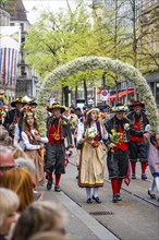 Parade of historically costumed guild members, Wollishofen Guild, Sechseläuten or Sächsilüüte,