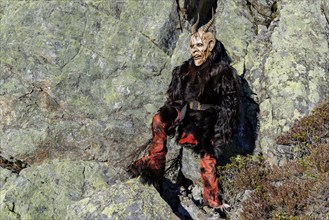 Disguised person as devil sits on rock in front of forest landscape, Neukirchen am Großvenediger,