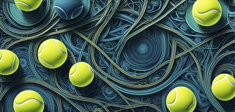 Vibrant mix of abstract circuitry intertwined with tennis balls, representing AI role in