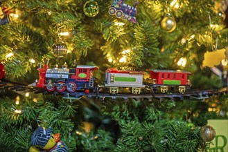 St. Thomas, Ontario Canada - Decorated Christmas trees and historic railway rolling stock are on