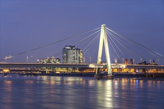 Severinsbrücke bridge over the Rhine and the Deutz district at dusk, Cologne, North