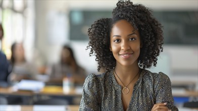 Proud smiling african american female teacher standing in her classroom. generative AI, AI