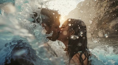 Passionate kiss of young romantic couple under waterfall. Concept of love and family connection, AI