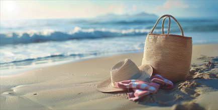 Beach scene with a straw hat, beach bag. Summer vacation, palm trees and ocean in the background,