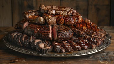 Plate with A stack of several grilled steaks. generative AI, AI generated