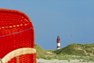 Lighthouse and beach chair, Amrum, North Frisian Islands, Schleswig-Holstein, Germany, Europe