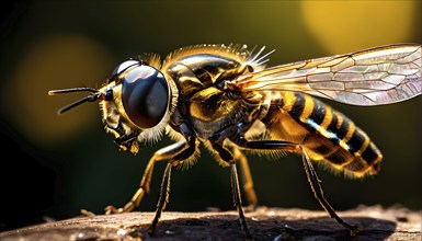 Macro of a hoverfly (Syrphidae), with its striped abdomen and metallic-like wings shimmering in the