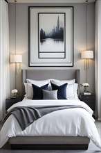 Empty modern bedroom with a large, plush bed covered in white linens, a single framed artwork on