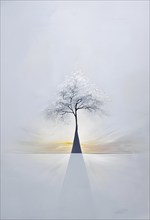 Abstract minimalist spring scene with a single, sharp silhouette of a blooming tree on a vast light