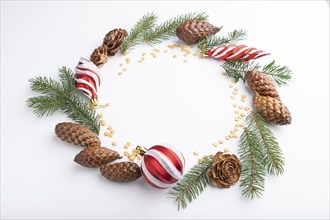 Christmas or New Year wreath composition. Decorations, balls, cones, fir and spruce branches, on