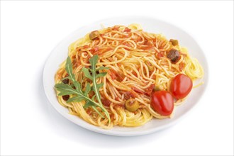 Corn noodles with tomato sauce and arugula isolated on white background. Side view, close up