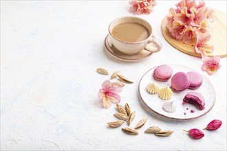 Purple macarons or macaroons cakes with cup of coffee on a white concrete background decorated with