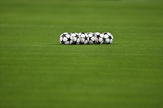 Adidas match balls lying on the pitch, Champions League, Allianz Arena, Munich, Bavaria, Germany,