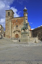 Iglesia de San Martin church and Pizarro statue in historic medieval town of Trujillo, Caceres