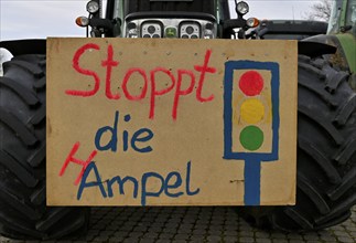 Farmers' protest, protest posters on tractors, tractors, STOP DIE HAMPEL AMPEL Stuttgart,