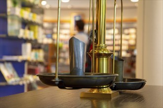 Close-up of an old pharmacist's scales in a pharmacy