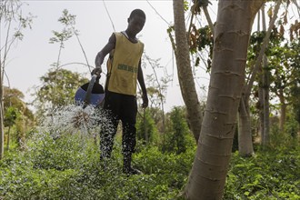 Watering of fields by farmers during organic farming at the agroecological training centre Centre