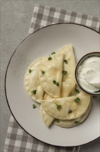 Pierogi, a traditional dish of Polish cuisine, dumplings, top view, close-up, no people